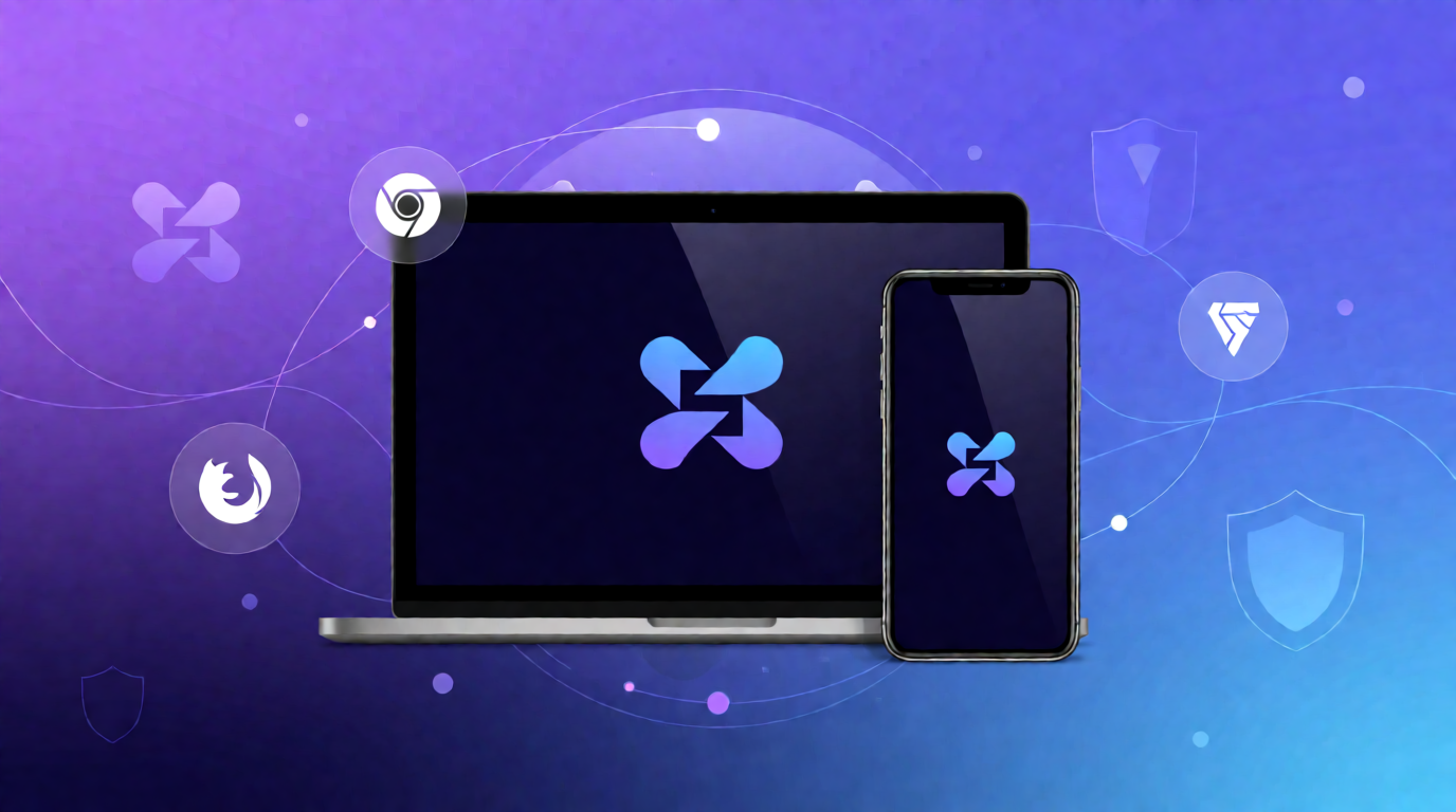 Keplr Wallet brand illustration showing cross-platform access on desktop, mobile, and browsers.